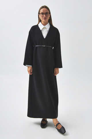 V Neck Textured Stripe Dress Black - 1