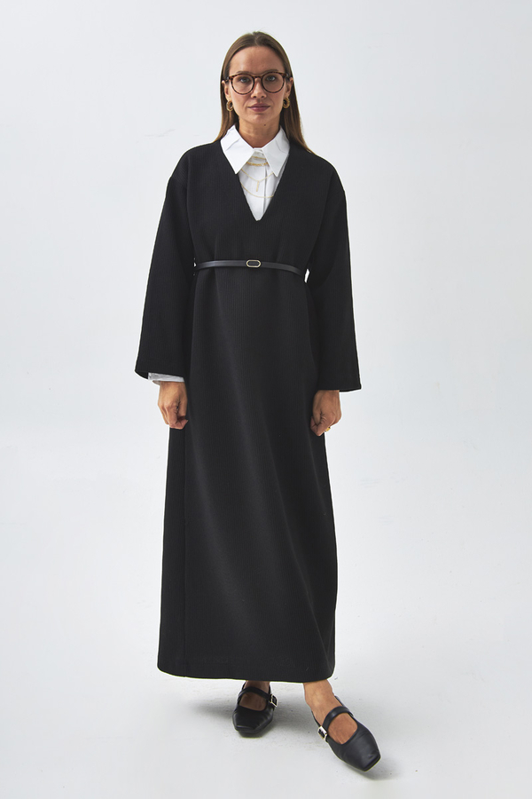 V Neck Textured Stripe Dress Black - 1