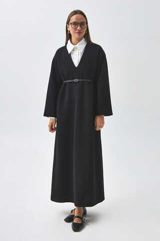 V Neck Textured Stripe Dress Black - 8