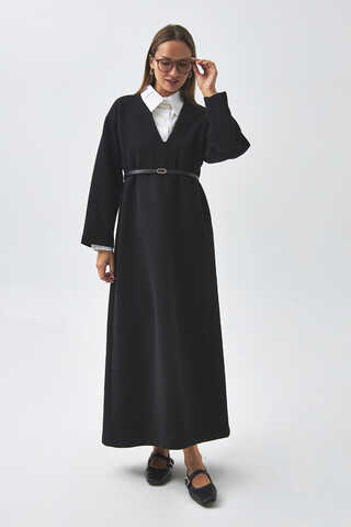 V Neck Textured Stripe Dress Black - 10