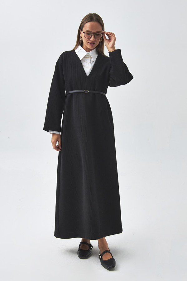 V Neck Textured Stripe Dress Black - 10