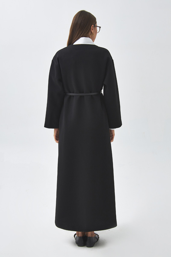 V Neck Textured Stripe Dress Black - 11