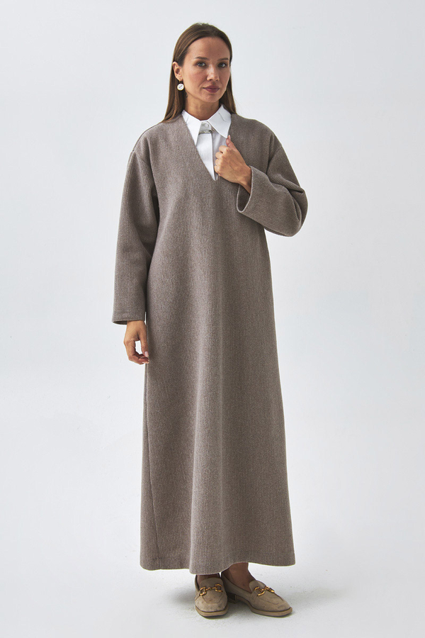 V Neck Textured Stripe Dress Mink - 4