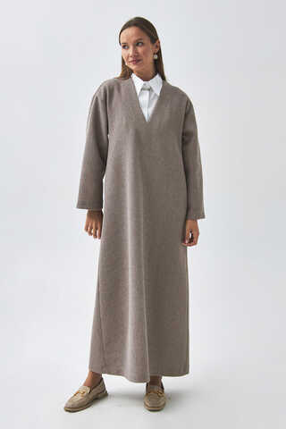 V Neck Textured Stripe Dress Mink - 5