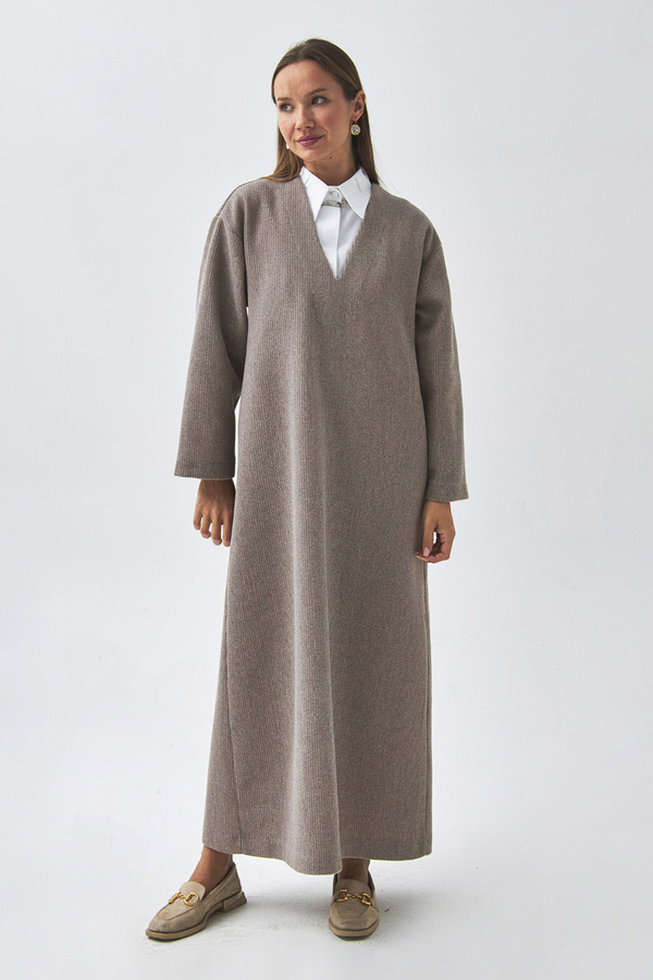 V Neck Textured Stripe Dress Mink - 5