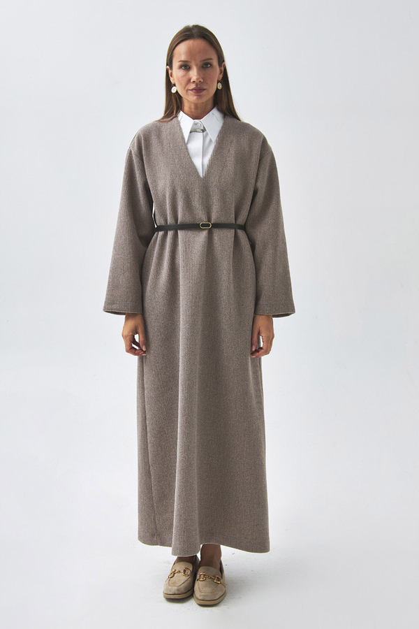 V Neck Textured Stripe Dress Mink - 6