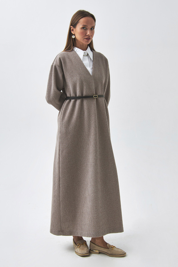 V Neck Textured Stripe Dress Mink - 7