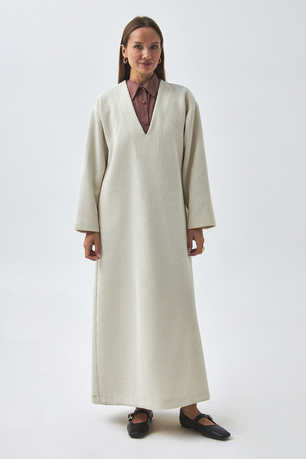 ChatGPT:  V Neck Textured Stripe Dress Ecru - 2