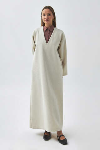 ChatGPT:  V Neck Textured Stripe Dress Ecru - 3