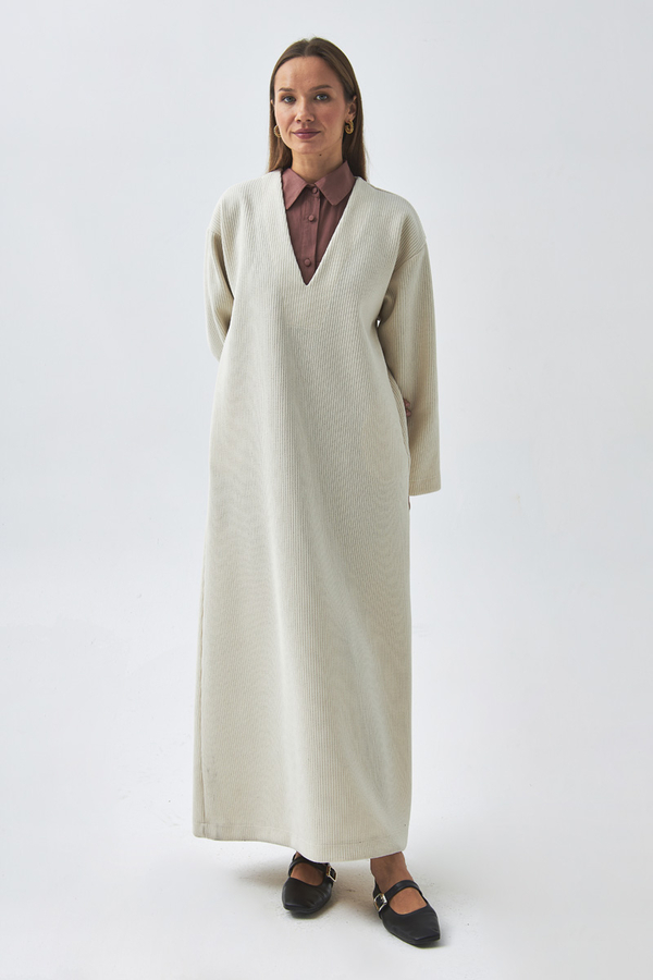 ChatGPT:  V Neck Textured Stripe Dress Ecru - 3