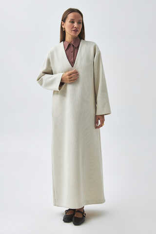 ChatGPT:  V Neck Textured Stripe Dress Ecru - 4