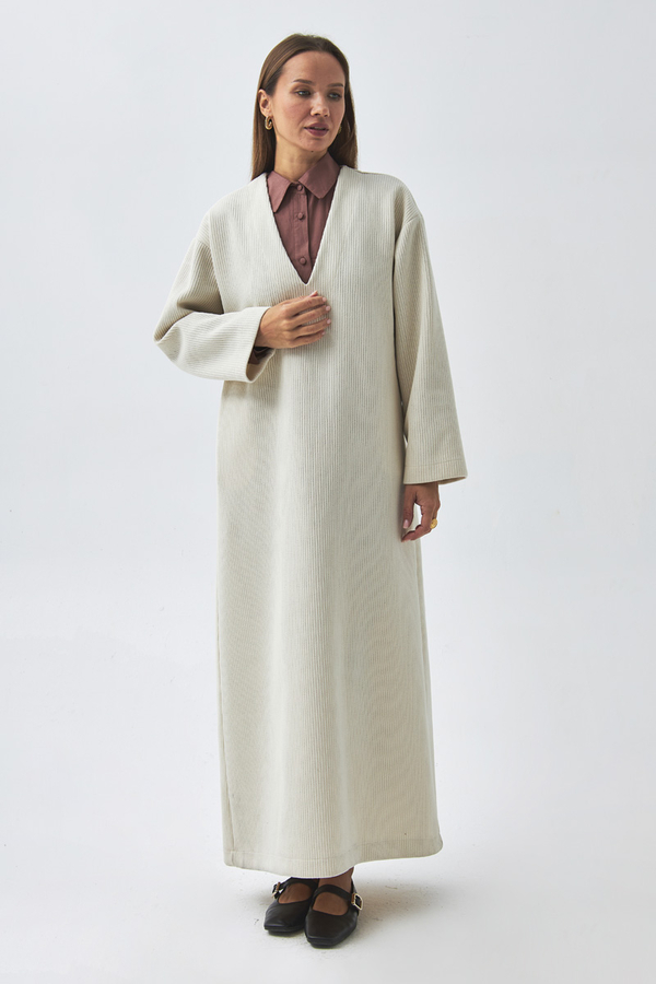 ChatGPT:  V Neck Textured Stripe Dress Ecru - 4