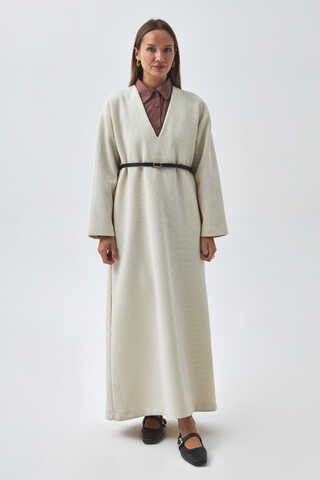 ChatGPT:  V Neck Textured Stripe Dress Ecru - 5