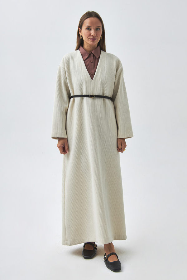 ChatGPT:  V Neck Textured Stripe Dress Ecru - 5