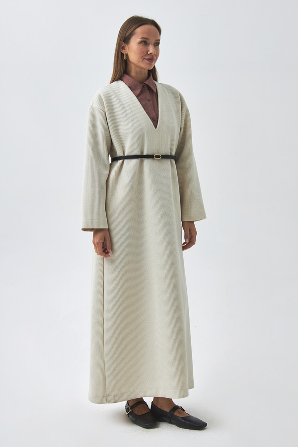 ChatGPT:  V Neck Textured Stripe Dress Ecru - 6