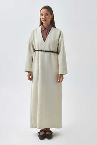 ChatGPT:  V Neck Textured Stripe Dress Ecru - 7