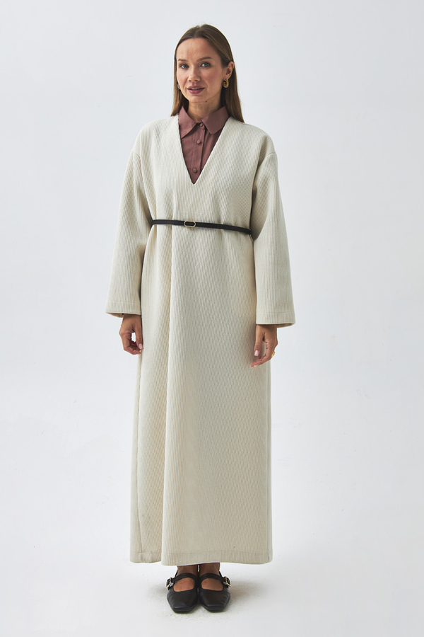 ChatGPT:  V Neck Textured Stripe Dress Ecru - 7