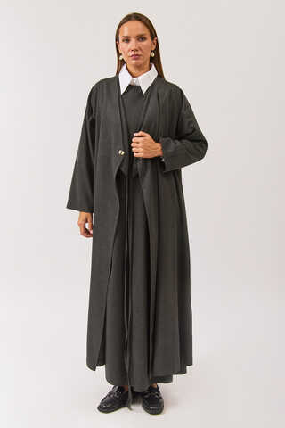 V Neck Tie Detail Abaya Anthracite - 3