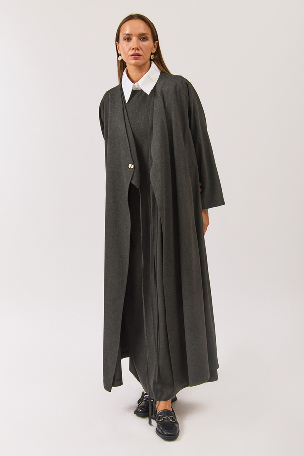 V Neck Tie Detail Abaya Anthracite - 4