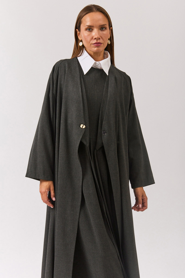 V Neck Tie Detail Abaya Anthracite - 1