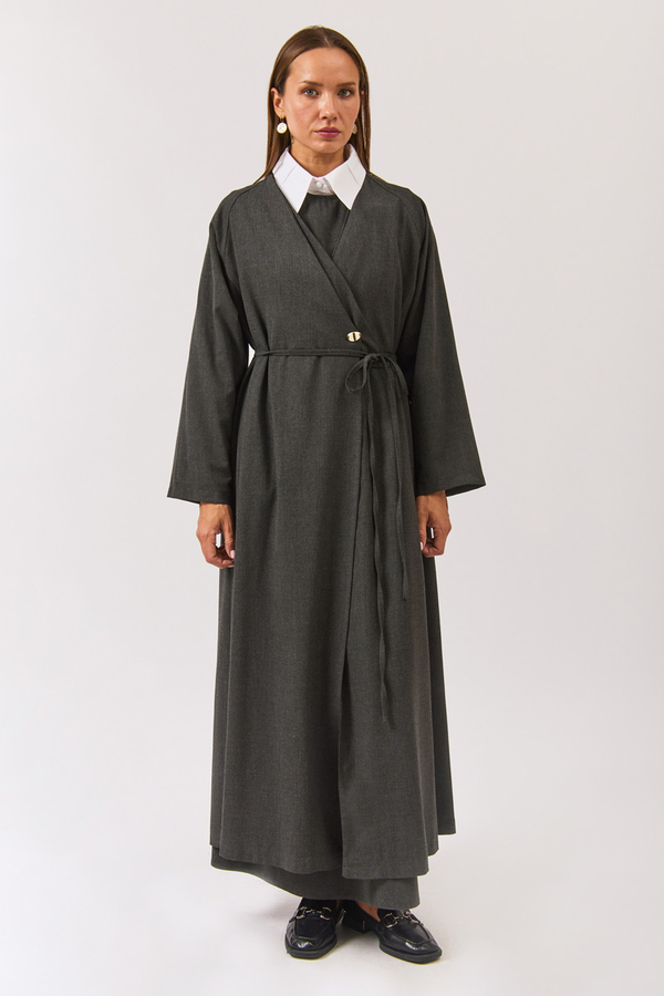 V Neck Tie Detail Abaya Anthracite - 5