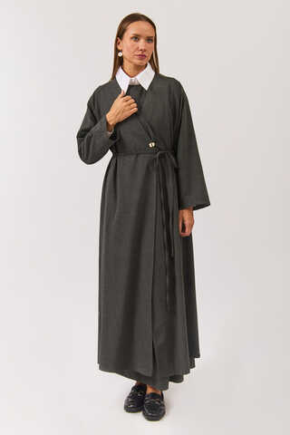V Neck Tie Detail Abaya Anthracite - 6