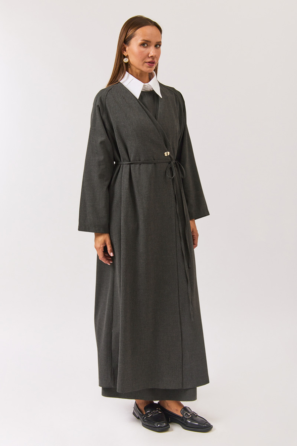V Neck Tie Detail Abaya Anthracite - 7
