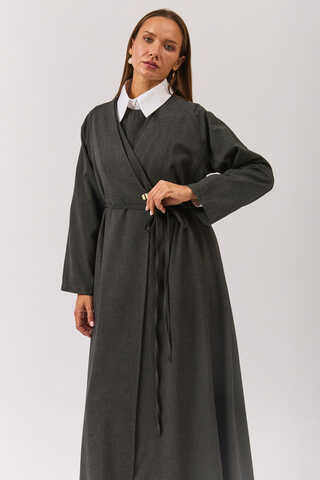 V Neck Tie Detail Abaya Anthracite - 8
