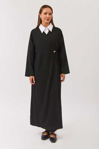 V Neck Tie Detail Abaya Black - 1