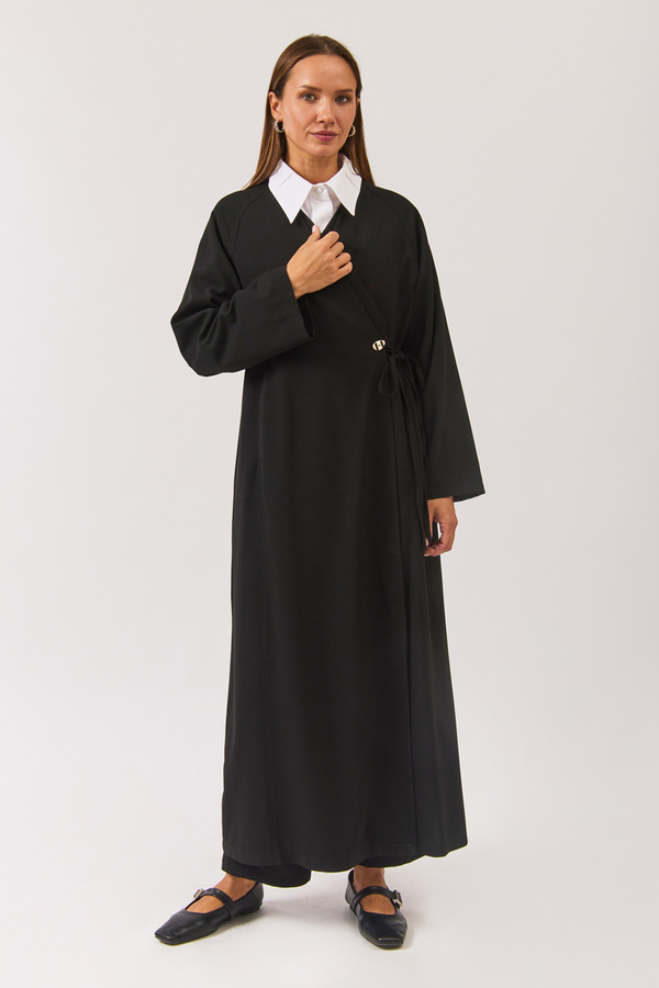 V Neck Tie Detail Abaya Black - 2