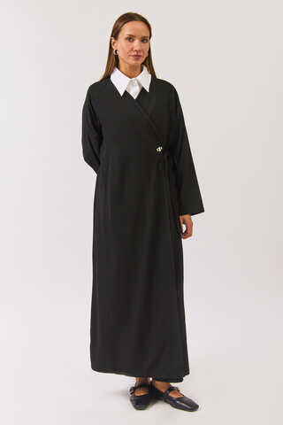 V Neck Tie Detail Abaya Black - 3