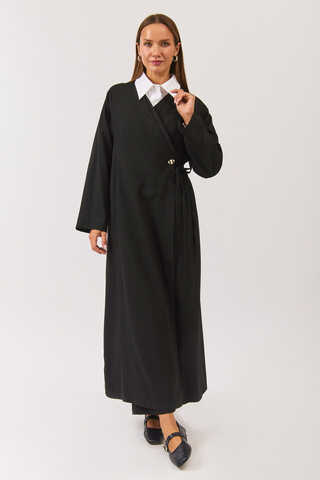 V Neck Tie Detail Abaya Black - 4