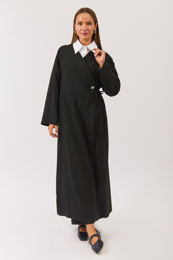 V Neck Tie Detail Abaya Black - 4