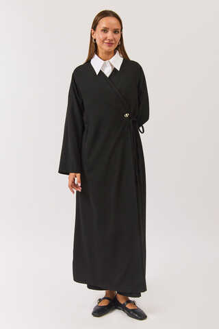 V Neck Tie Detail Abaya Black - 5