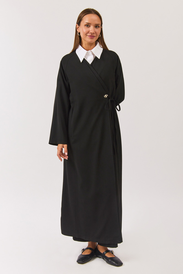 V Neck Tie Detail Abaya Black - 5