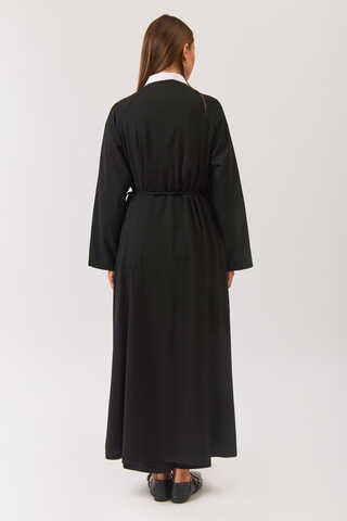 V Neck Tie Detail Abaya Black - 6