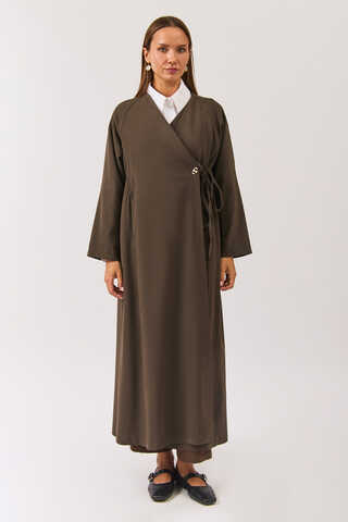V Neck Tie Detail Abaya Brown - 2