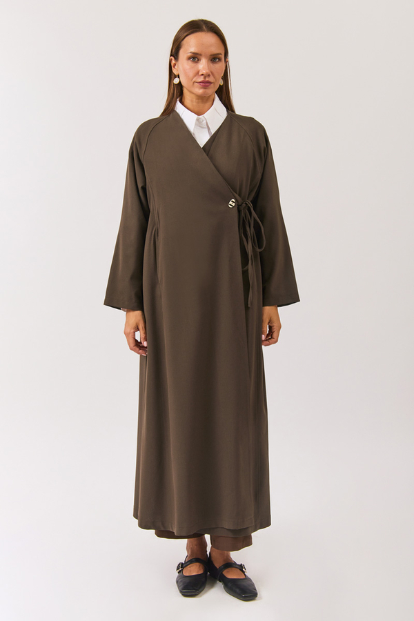 V Neck Tie Detail Abaya Brown - 2