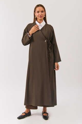 V Neck Tie Detail Abaya Brown - 1