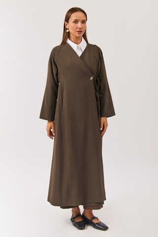 V Neck Tie Detail Abaya Brown - 3