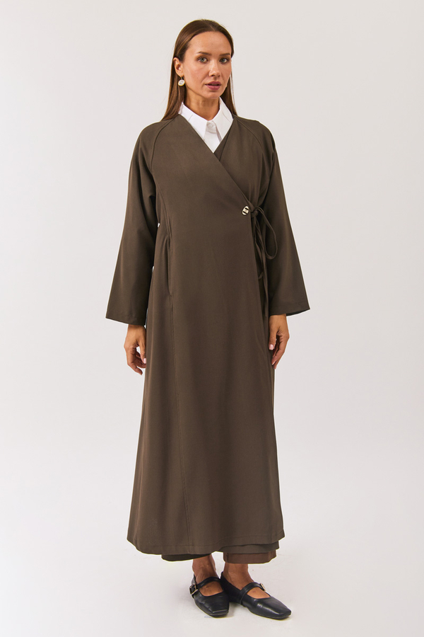 V Neck Tie Detail Abaya Brown - 3