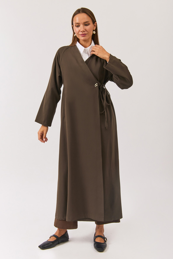 V Neck Tie Detail Abaya Brown - 4