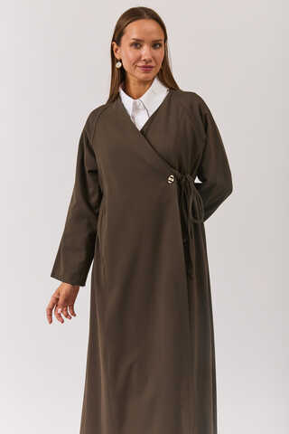 V Neck Tie Detail Abaya Brown - 5