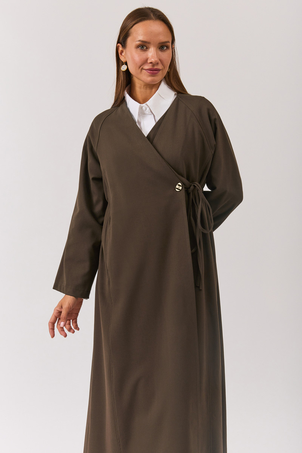 V Neck Tie Detail Abaya Brown - 5