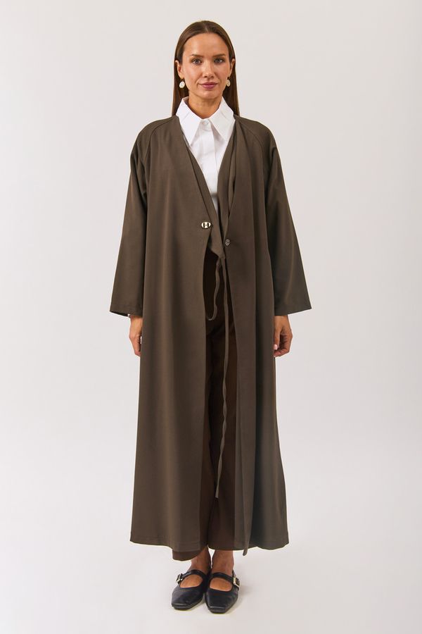 V Neck Tie Detail Abaya Brown - 6