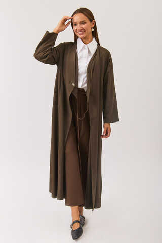 V Neck Tie Detail Abaya Brown - 7