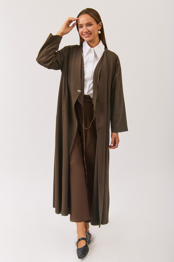 V Neck Tie Detail Abaya Brown - 7