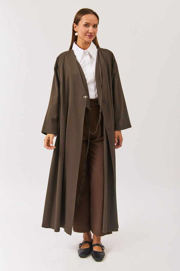V Neck Tie Detail Abaya Brown - 8