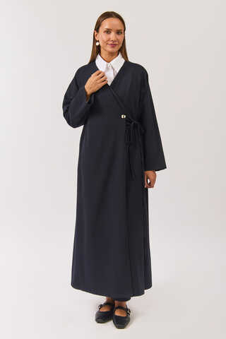V Neck Tie Detail Abaya Dark Navy - 9