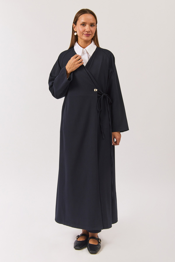 V Neck Tie Detail Abaya Dark Navy - 9